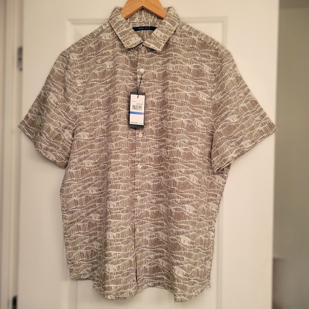 PERRY ELLIS  Short Sleeve Wave Linen Blend Button Down Shirt Size XL Brown